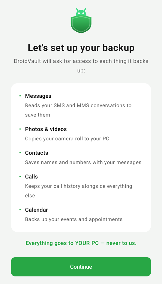 DroidVault's first screen, titled Let's set up your backup. It lists Messages, Photos and videos, Contacts, Calls, and Calendar, then says: Everything goes to YOUR PC, never to us. A Continue button is at the bottom.
